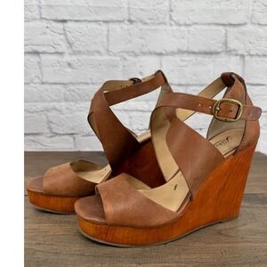 Lucky Brand Leather Wooden Wedge Sandals Womens 7.5 Brown Boho Platform Beachy